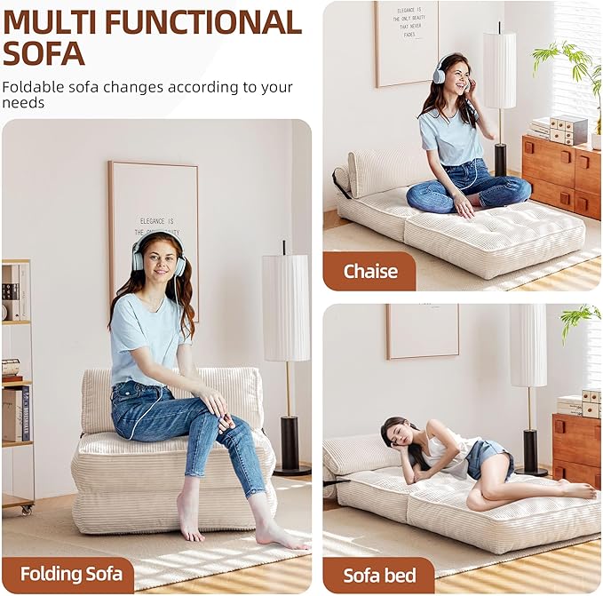 GYUTEI Folding Sofa Bed Convertible Sleeping Chair with Backrest Support and Soft Corduroy FabricFold Couch Bed with Pillow for Small Spaces/Living Room/Bedroom/Apartment Single SizeBeige