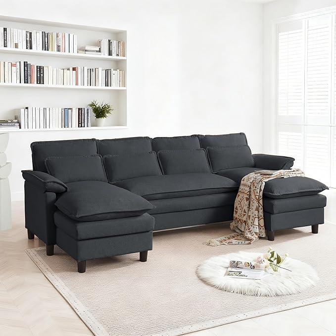105 U Shaped Cloud Couch Sectional 4 Seat Home Sofa Living Room Comfy Couches with Storage Ottoman Double Layer Cushion Modular Sofas for Bedroom Apartment and Office Dark Grey