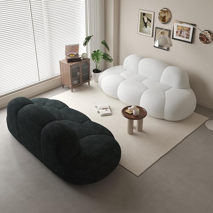 Boneless Small Couch for Bedroom 90 Modern Curved Boucle Couch Comfy Upholstered Cloud LoveSeat Floor Sofa Deep Seat Leisure Bubble Couches for Living Room Small Space (White+Black)
