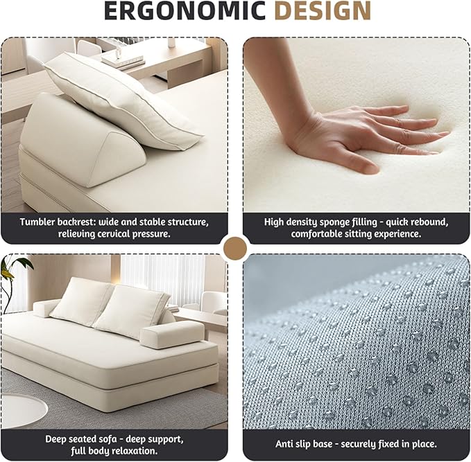 86.6 Convertible Sofa Bed with Chaise Lounge - Fluffy Chenille Fabric 2 Tumbler Backrests &amp Pillows Multi-Functional DIY Modern Upholstered Deep Seat Couch for Living Room &amp Office (Beige)