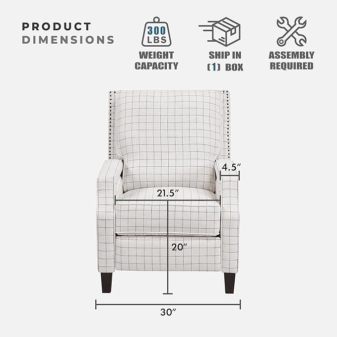 Lexicon Pushback Recliner Chair Plaid Textured Fabric Armchair Push Back Reclining Chair Nailhead Trim Solid Wood Legs Easy Assembly for Living Room/Office/Apartment Off-White