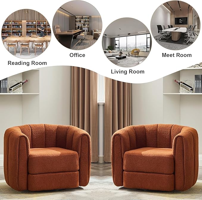 Swivel Accent Chairs for Living Room Teddy Fabric 360 Degree Round Swivel Barrel Armchair Pumpkin Shaped Single Club Sofa Recliner Chairs for Home Bedroom Apartment Office (Brown)
