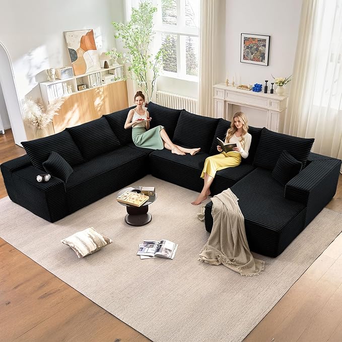 Cloud Modular Sectional Sofa for Living Room137x110 Oversized U-Shaped Couch with 9 PillowsBig Comfy Couches SetFluffy Deep-Seat Corduroy Sofa with ChaiseNo Assembly (BlackRight-Facing Chaise)