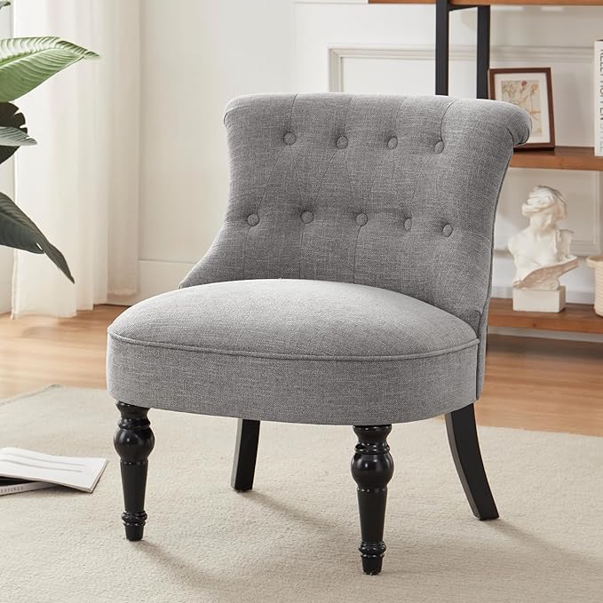 Armless Accent Chair Living Room Chairs with Wooden Legs Comfy Tufted Bedroom Chair Upholstered Chair for Reading Rooms Reception Apartments and Dormitories (Grey)