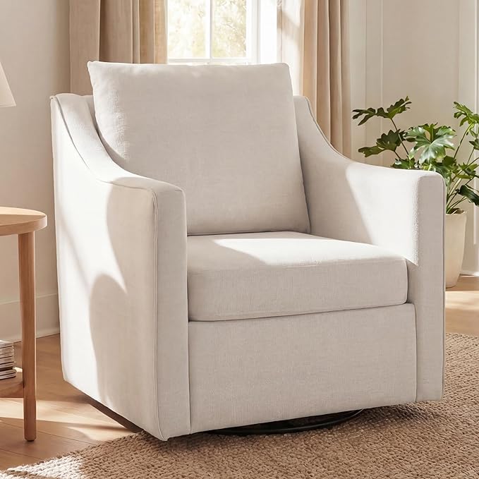 ANJ 360° Swivel Accent Chair Large Comfy Fabric Reading Chair with Wide Curved Back and Soft Pillows Mid Century Modern Chair for Living Room and Bedroom Beige