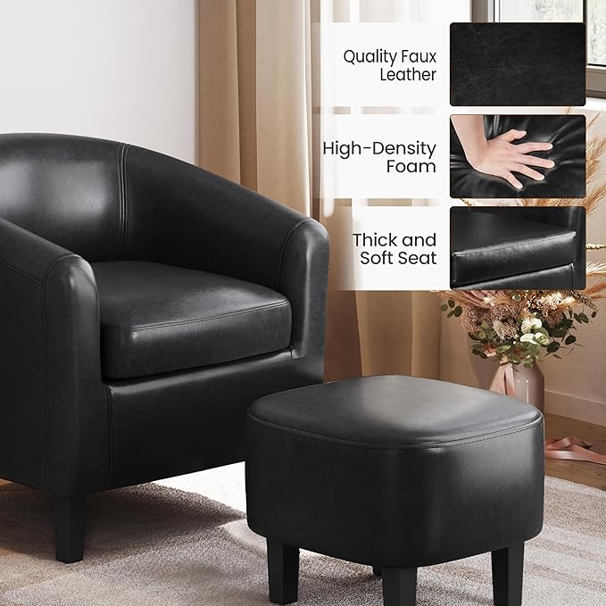 Yaheetech Accent Chair with Ottoman Set Modern Faux Leather Upholstered Soft Barrel Chair and Footrest Club Armchair and Footstool for Living Room/Bedroom/Reading Room/Guest Room Black