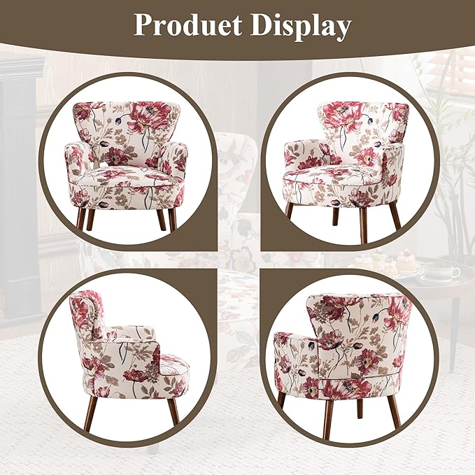 Floral Accent Chair Set of 2 Upholstered Living Room Chairs with Solid Wood Legs Mid Century Modern Velvet High Back Armchair for Bedroom Living Room Pink