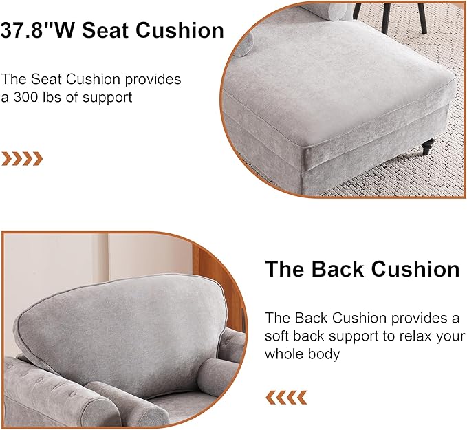 59.3 D Chaise Lounge Chair IndoorModern Chenille Upholstered Recliner Sofa with 2 Rolled PillowsComfy Sleeper Chair Bed for Living Room Bedroom Office(Light Grey 1 Seat)