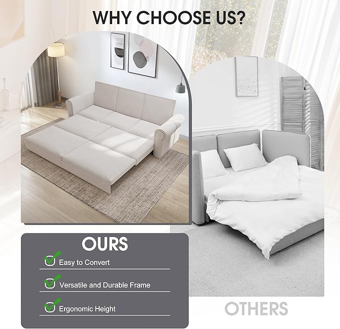 Oversized Sleeper Sofa Couch Convertible Sleeper Sofa Bed for Living Room Bedroom Classic 3-in-1 Pullout Couch Bed Chesterfield Style (Beige Without Ottoman)