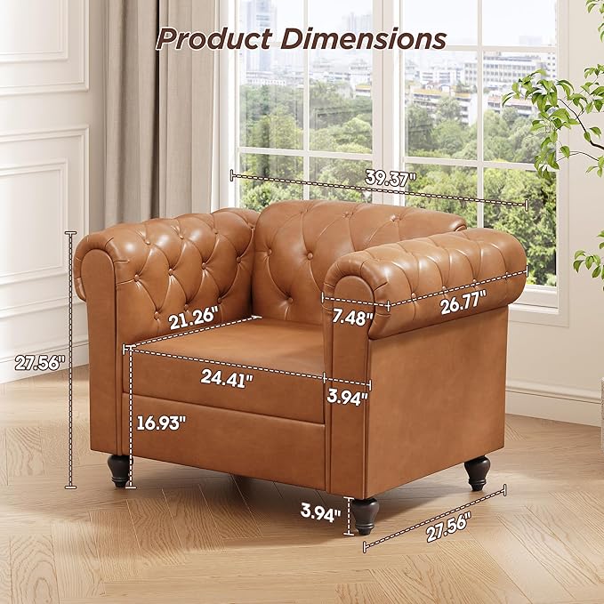 Brown Faux Leather Accent Chairs Button-Tufted Upholstered Club Chair Retro Armchairs Mid Century Modern Accent Chair with Solid Wood Legs Cozy Chesterfield Couch Chairs for Living Room Bedroom