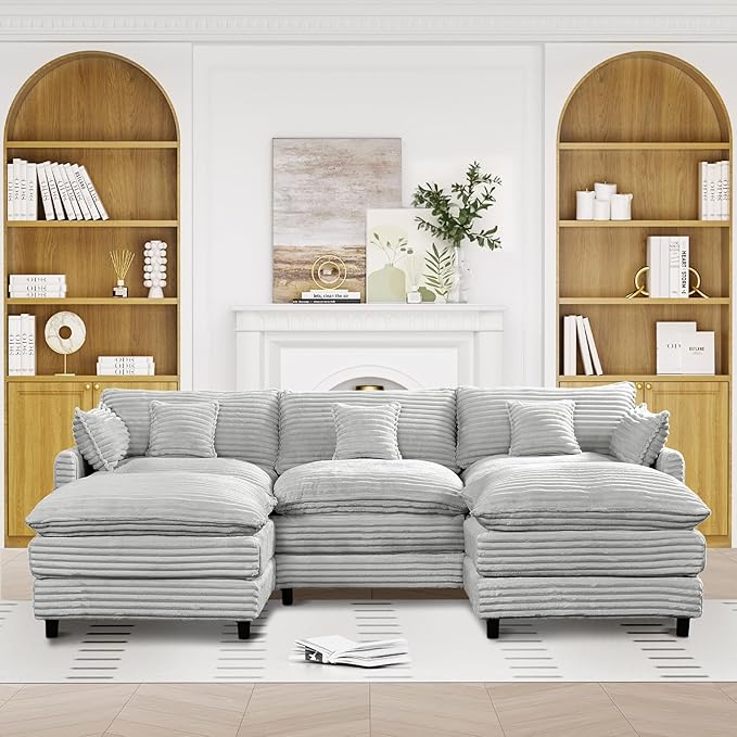 108 Cloud Couch U-Shaped Modular Corduroy Couch with 2 Ottomans &amp 5 Lumbar Pillows Modern Sectional Sofa with 5-Seater Deep SeatComfy Oversized Couch for Living RoomApartmentBedroomGrey