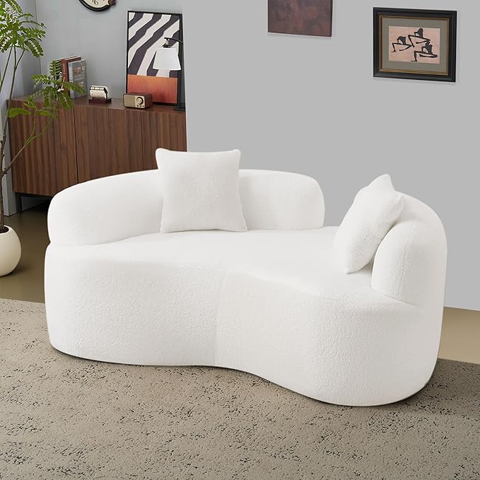 KEIKI 66.93 Cloud Sofa Curved Loveseat Sofa Teddy Velvet Compression Couch for Living Room Guest Bedroom No Assembly Required White
