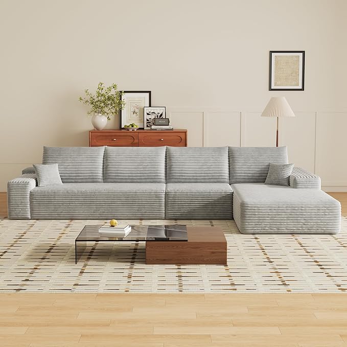 135 Corduroy Couch Sectional with Chaise L Shape Boneless Cloud Couches for Living Room Bedroom Fluffy Deep Seat Compression Sofa Modular Corner Couch No Assembly Right Facing Chaise Grey