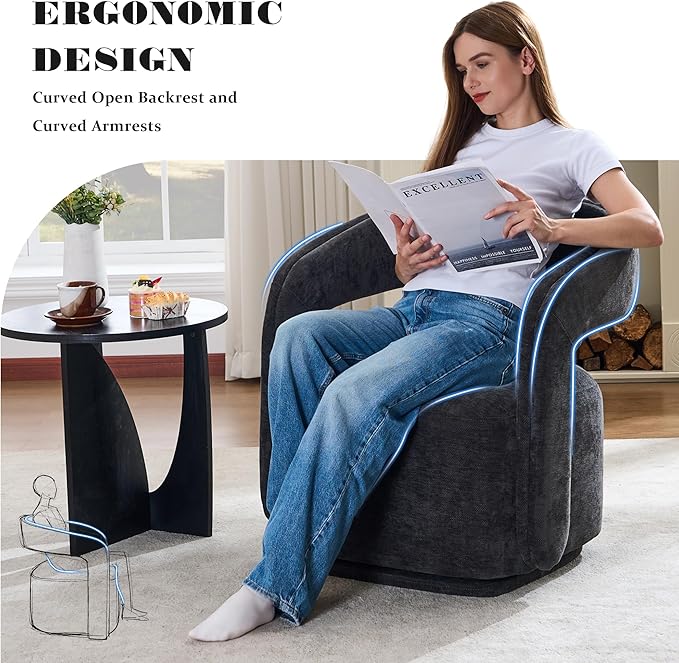 FOXHUNTER Swivel Accent Chair Set of 2 Modern Upholstered Barrel Chair Oversized Round Accent Armchair with Open Back Wooden Base for Living RoomChenil Grey