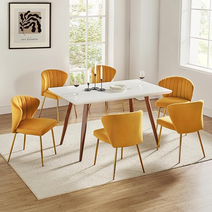 HULALA HOME Velvet Dining Chairs Modern Small Armless Accent Chair with Gold Metal Legs Living Room Upholstered Cute Side Chair Elegant Tufted Back Vanity Chair for Bedroom/Beauty Room-Mustard