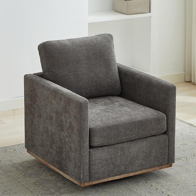 360° Swivel Accent Chair Square Modern Comfy Chair with Metal Base &amp Thicked Cushion Upholstered Lounge Reading Armchair Cloud Sofa Chairs for Living Room Bedroom Office Club(Chenille Charc
