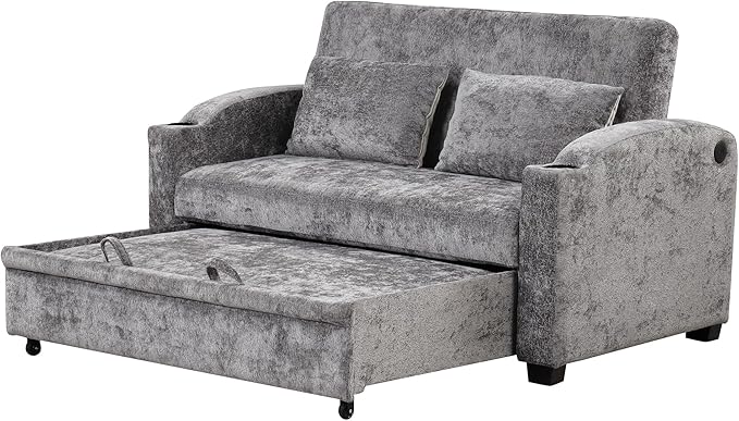 Merax 61.6 Pull Out Sleeper Sofa Bed Modern Chenille Convertible Loveseat Sofa with Adjsutable Backrest 2 Pillows Cup Holders USB Ports for Living Room Apartment Gray