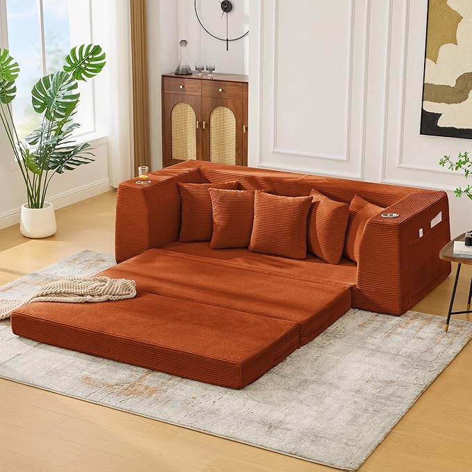 KEIKI 82 Corduroy Modular Sectional Sofa Bed with 5 Pillows &amp 2 Side Pocket &amp 2 Cup Holders Convertible 3-Seater Sleeper Couch with Memory Foam Cushion No Assembly Required for Living Room