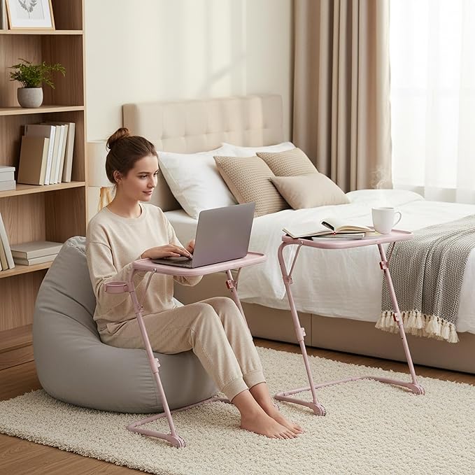 Homy Casa Adjustable Z Shaped Study Desk with Cup Holder Space Saving Portable Laptop Foldable Table for Home Office Living Room &amp Bedroom Sturdy Metal Frame &amp PP Top Black (2PCS-Pink)