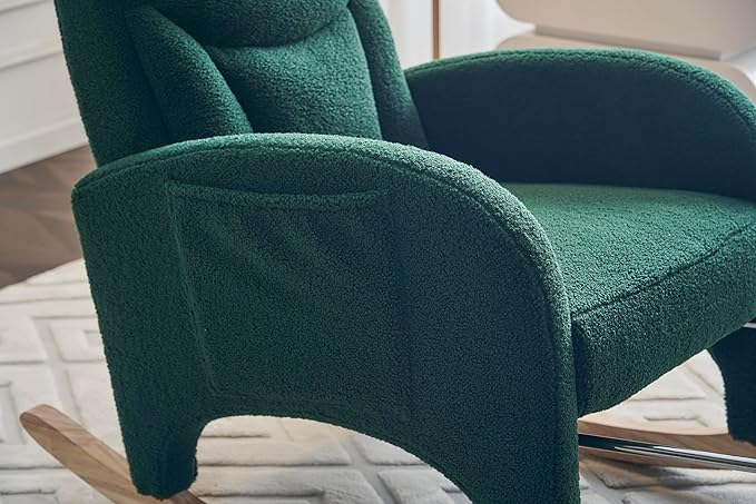 Rocking Chair with Foot Rest Nursery Glider Teddy Gliding Rocking Chair with Retractable Footrest Rubber Wood Legs Side Pocket High Back &amp Wide Seat Nursing Chair for Living Room (Green)
