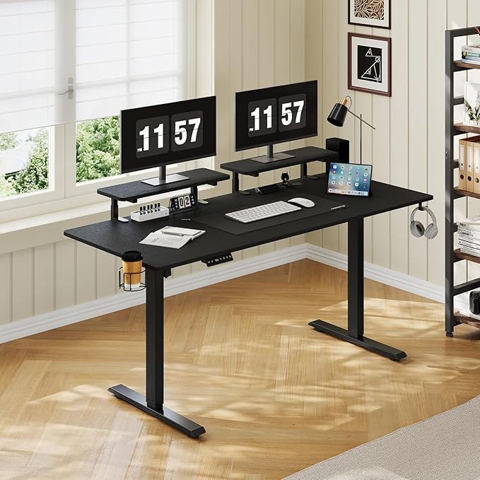 71 x 24 Inches Electric Standing Desk with 2 Monitor Shelves Adjustable Computer Desk from 28-46'' Sit to Stand UpHome Office Desk with Memory Controlller for Workstations Black