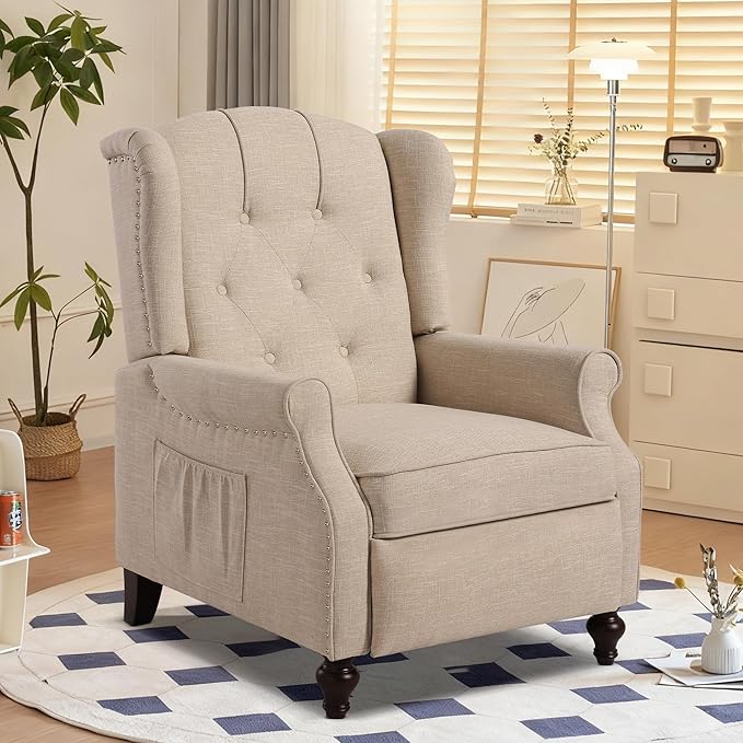 Recliner Wingback Chair - Tufted Armchair - Massage Recliner Chair with Heat - Fabric Push Back Recliner with Remote Control Heating Function Adjustable Backrest (Beige)