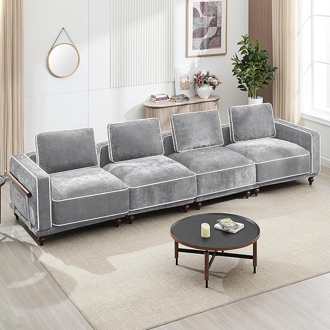 146 Modular Sectioanl Sofa Oversized 4-Seater Cloud Couches for Living Room Comfy Deep Seat Couches with Wooden Leg Armrets Chenille Grey