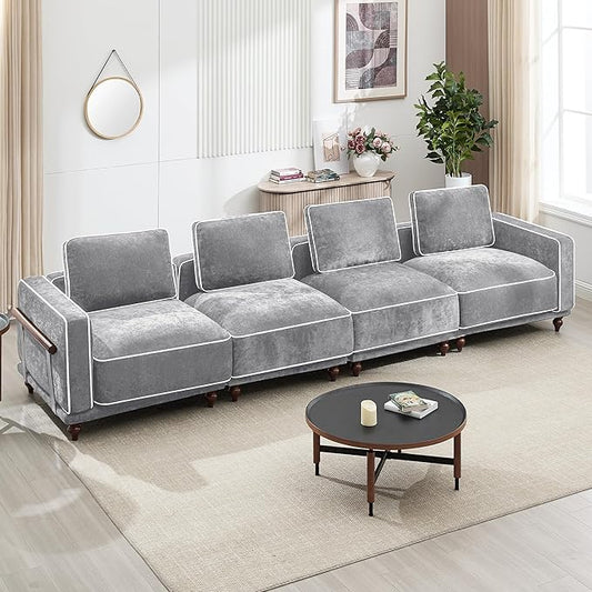 146 Modular Sectioanl Sofa Oversized 4-Seater Cloud Couches for Living Room Comfy Deep Seat Couches with Wooden Leg Armrets Chenille Grey