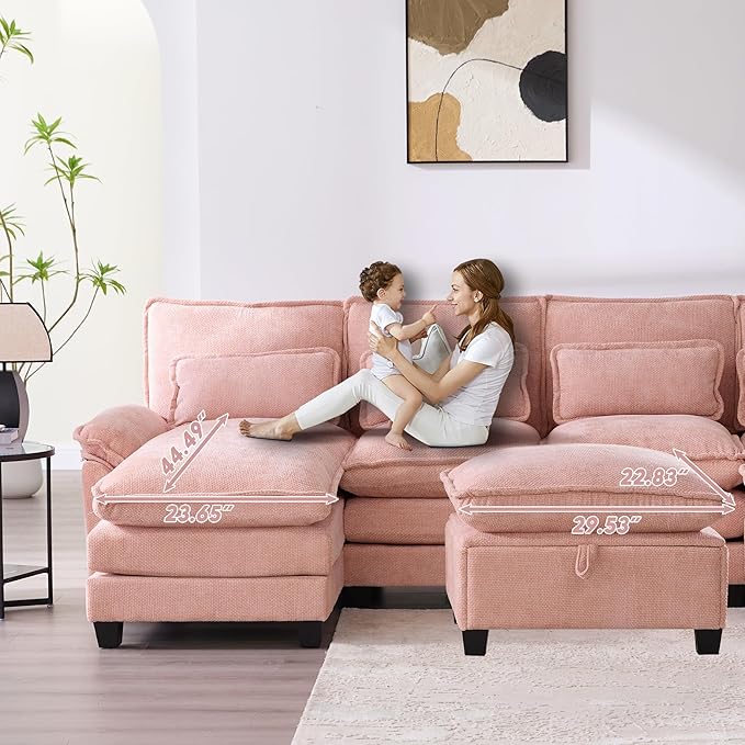 U Shape Modern Modular Sectional Sofa Cloud Couch with Storage Ottoman 4-Seat Upholstery Chenille Deep Seat Sofa with Charging Port for Living Room Pink