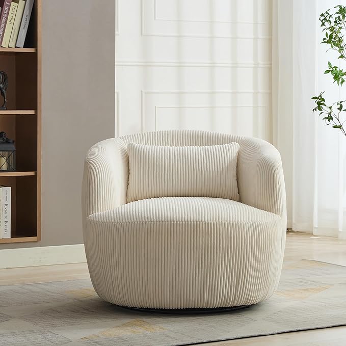 360° Swivel Armchair with Accent Pillow – Premium Corduroy Fabric Sturdy Metal Base &amp High-Density Foam – Ergonomic Lounge Chair for Living Room Office Bedroom – Easy Assembly