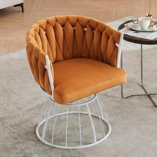 Mistpeople Swivel Weave Accent Chair Velour Upholstered Modern Chair with Woven Tufted Backrest for Living Room Bedroom Vanity Orange