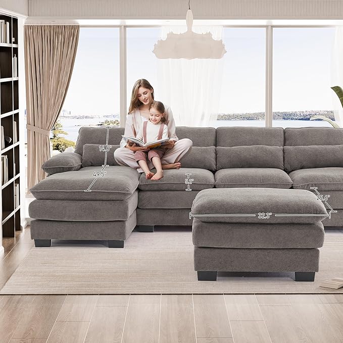 OUYESSIR 113 U Shape Sectional Cloud Couch with OttomanFluffy Sectional Couches for Living Room4 Seater Modular Sectionals SofaComfy Cloud Sofas &amp Couches with 4 PillowsGrey
