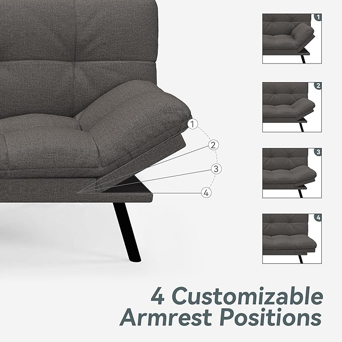 Opoiar Convertible Futon Sofa Bed Grey Linen Futon Couch with Adjustable Backrest &amp Armrests Folding Small Recliner Sleeper Sofa Bed for Living Room Apartment Office