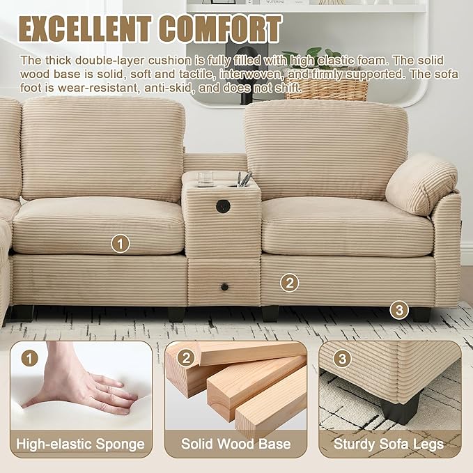 KEIKI 105 L-Shaped Oversized Corduroy Modular Sectional Sofa with 1 Ottoman and Multi Functional Console 4-Seater Upholstered Couch with USB and 2 Cup Holder Easy Assembly for Living Room Khaki