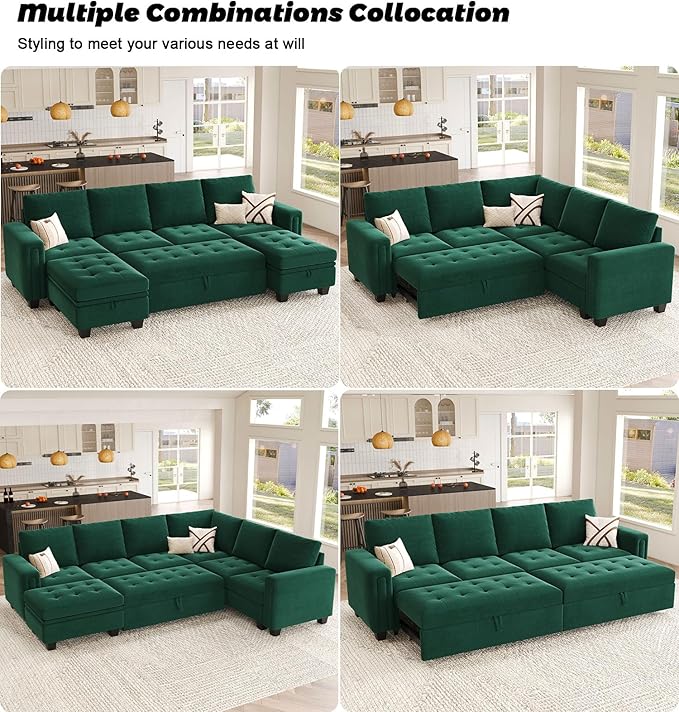 Belffin Pull Out Sofa Bed Module Part for Modular Sectional Sleeper Sofa Armless Loveseat with Pull Out Bed for Sectional Couch Green