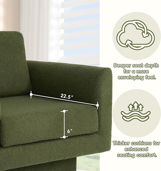 360° Swivel Modern Accent Chair 30 W Teddy Velvet Sherpa Fabric Armchair Thick Padded Upholstered Barrel Chair Comfy Lounge Sofa Reading Club Chair for Living Room Bedroom Nursery (Green)