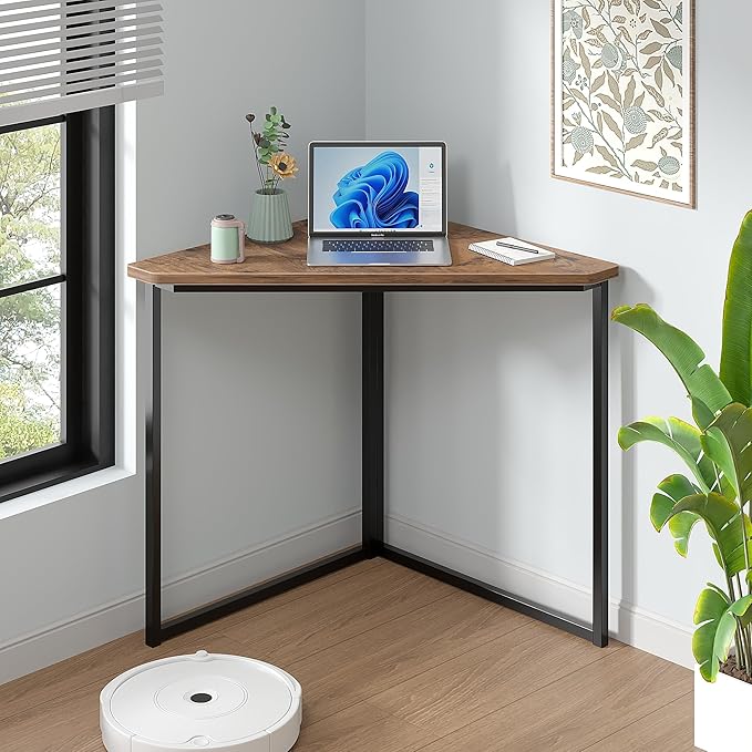 VECELO Ϲоrnеr Desk Corner Tables for Living Room for Small Space Triangle Computer Desk with Steel Frame Ϲоrnеr Shelves with Metal Frame Ϲоrnеr Writing Desk for Workstation Retro Brown 33.1