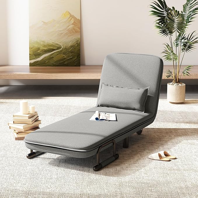 Giantex Convertible Sofa Bed 3-in-1 Folding Sleeper Chair with 5-Position Adjustable Backrest Wheels 2 Legs Recliner Chaise Lounge with Pillow Armchairs for Nursery Living Room (Light Gray)