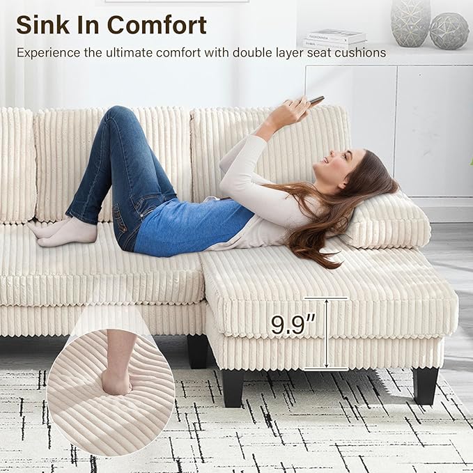 114.2 U-Shaped Sectional Sofa for Living Room Corduroy U-Shaped Couch with Double Chaises and Comfortable Backrest 4-Seater Comfy Cloud Sofa for Office &amp Small Space (White)