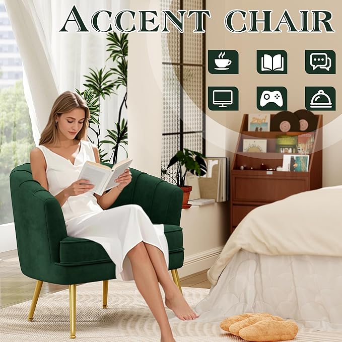Andeworld Velvet Accent Chair Set of 2 Upholstered Modern Single Sofa Side ChairComfy Barrel Club Living Room Armchair with Golden Metal Legs for Bedroom Living Reading Room Office Green