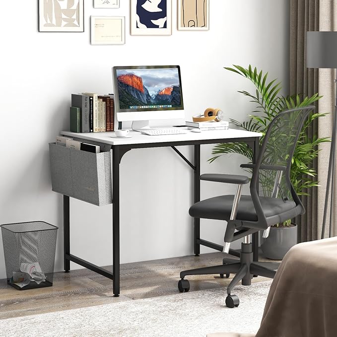 32 Inch Computer Desk Modern Writing Desk with Heavy-Duty Metal Frame Storage Bag &amp Charging Station Home Office Workstation Table for Conference &amp Meeting Room (1 White &amp Black)