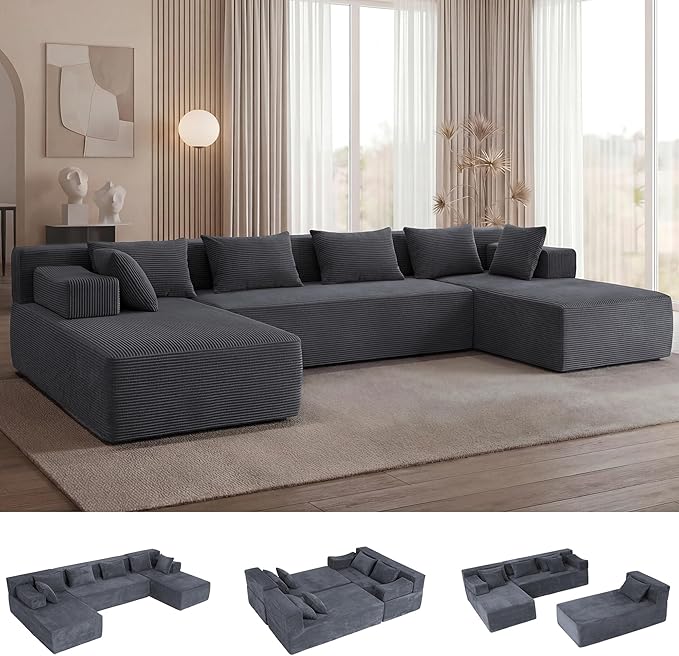 141 U Shaped Cloud Sectional Couch with Chaise Lounge Modular Sectional Sofa with Removable Armrests Comfy Corduroy Boneless Couches for Living Room No Assembly Required Dark Grey