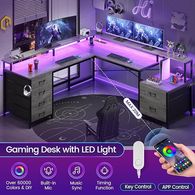 SEDETA L Shaped Desk with 6 Drawer 108 Home Office Desk with File Drawer &amp Power Outlet Corner Computer Desk with Monitor Shelf Two Person Desk Gaming Desk with Led Lights Grey