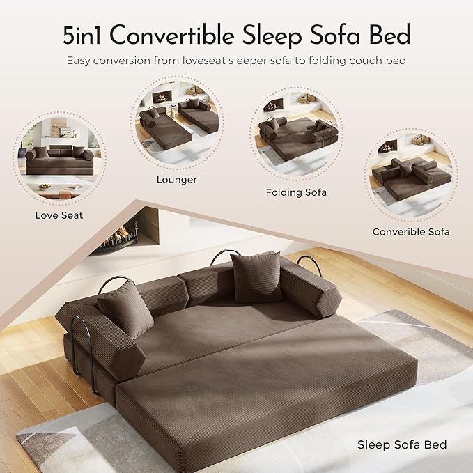 79'' Convertible Sofa Bed 5-in-1 Folding Sleeper Couch with Pull Out Bed Corduroy Modular Floor Sofa No Assembly Space Saving Guest Bed for Living Room Apartment Bedroom (Brown1) | Convertible Sofa