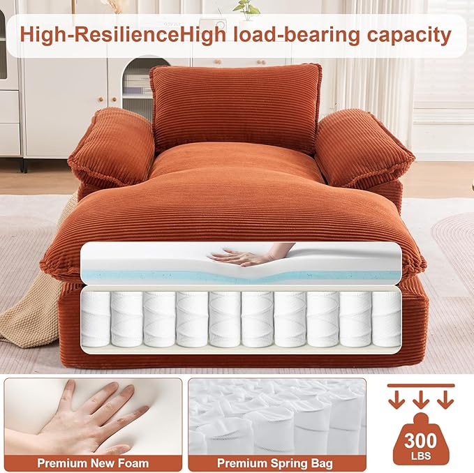 GNIXUU 67 Oversized Chaise Lounge Chair Indoor Corduroy Upholstered Boneless Sleeper Sofa Bed Comfy Large Reading Chair with Wide Armrests Plush Cloud Couch for Living Room Bedroom Orange | easy