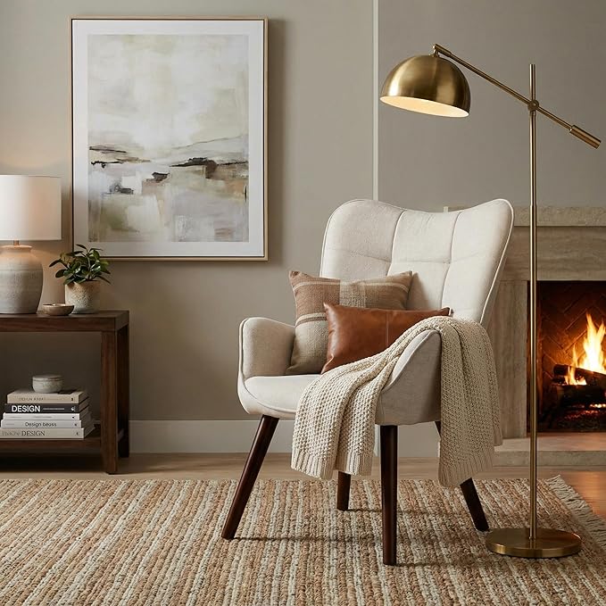 FurnitureR Tufted Wingback Accent Chair for Bedroom/Lounge Leisure Armchairs High Back Ergonomic Fabric Upholstered Living Room Chair Comfortable Stylish with Solid Wood Legs Beige/Walnut