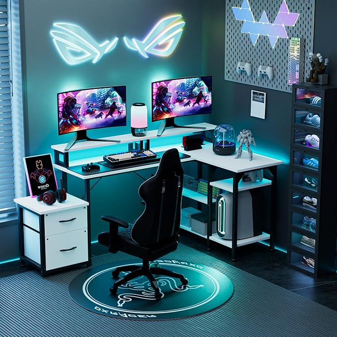 YOUNGAR Office Desk L Shape with File Drawers&ampPower Outlet 69.3 Inch Reversible L Shaped Computer DesksCorner L Shape or Long Desk Set up Monitor Stand &ampStorage ShelvesLED Lights&ampCPU S