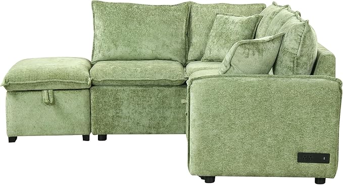 LUMISOL 82.7 Convertible Sleeper Sofa Bed with Storage Ottoman L-Shaped Sectional Sofa with Pull Out Bed USB Ports Chenille Sleeper Sofa Couch with Chaise for Living Room Green