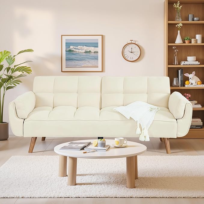 Convertible Futon Sofa Bed Sleeper Couch Bed with Adjustable Backrests Linen 3 Seater Small Couches for Small Spaces Living Room Bedroom(Beige 75)