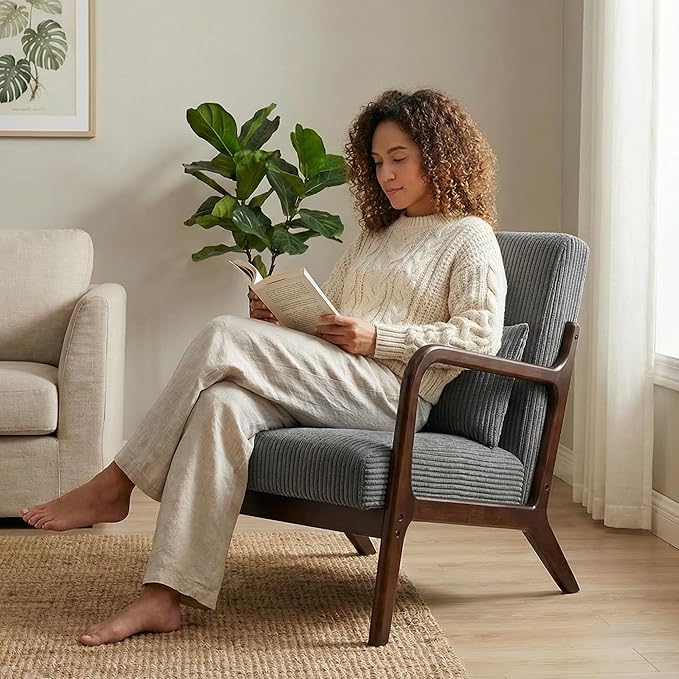 Mid Century Modern Accent Chair Upholstered Corduroy Armchair with Lumbar Pillow Solid Rubberwood Frame for Living Room Bedroom Waiting RoomDark Grey